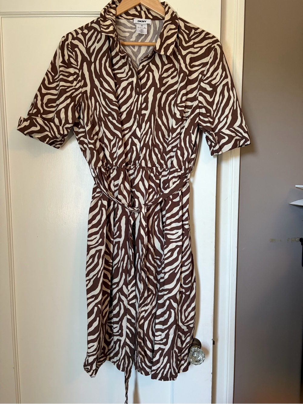 DKNY Brown and Cream Zebra-Print Shirt Dress
